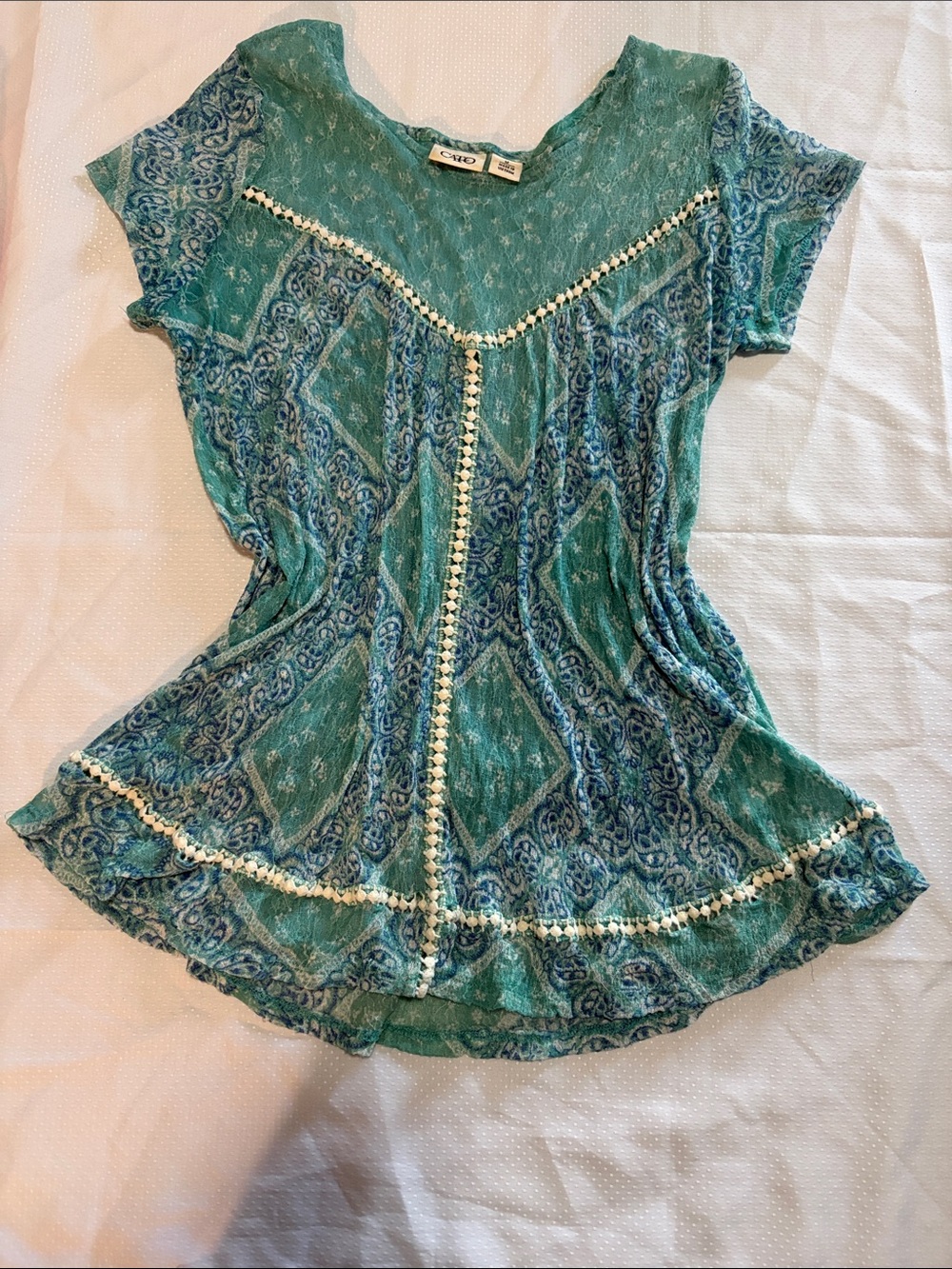 Cato Teal & Navy Patterned Short Sleeve Tunic